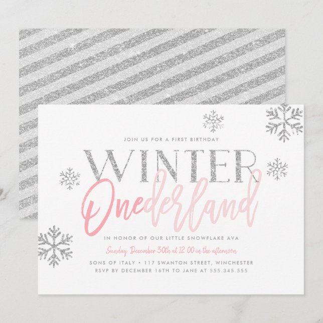 Winter ONEderland Silver Glitzer Rosa 1. Geburtsta Einladung (Vorne/Hinten)