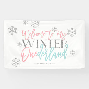Winter ONEderland Silver Glitzer Rosa Willkommensz Banner