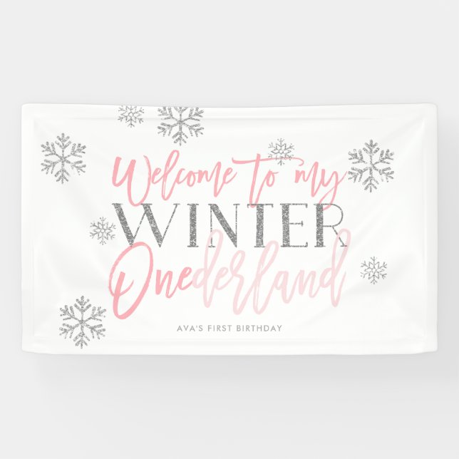 Winter ONEderland Silver Glitzer Rosa Willkommensz Banner (Horizontal)