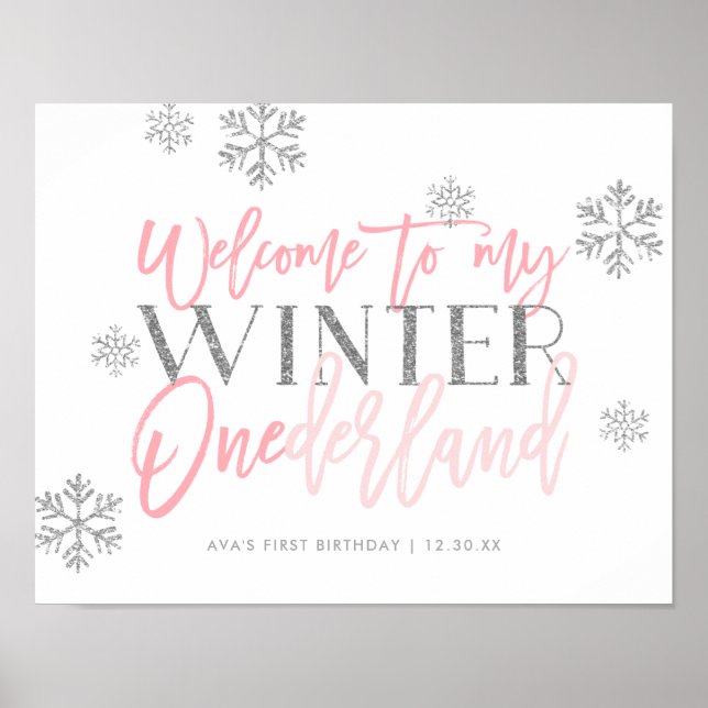 Winter ONEderland Silver Glitzer Rosa Willkommensz Poster (Vorne)