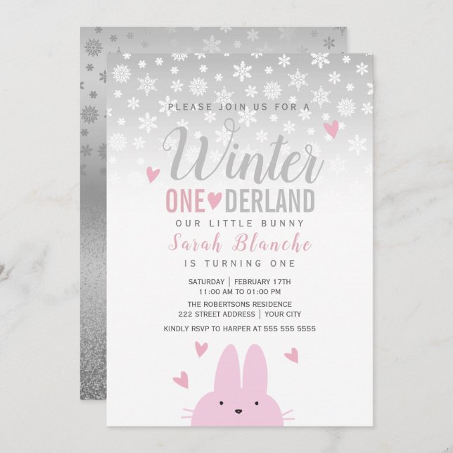 Winter Onederland Silver Pink 1. Geburtstag Einladung (Vorne/Hinten)