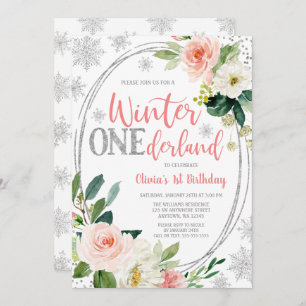 Winter ONEderland Silver Pink Floral Geburtstag Einladung