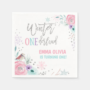 Winter ONEderland Silver Pink Floral Snowflake Serviette