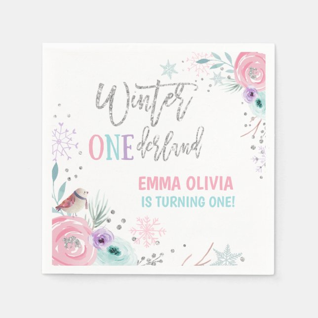 Winter ONEderland Silver Pink Floral Snowflake Serviette (Vorderseite)