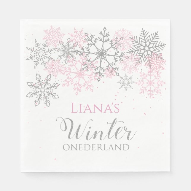 Winter Onederland Silver und Pink Napkin Serviette (Vorderseite)