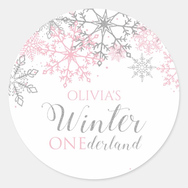 Winter Onederland Silver und Pink Snowflake Runder Aufkleber (Vorderseite)