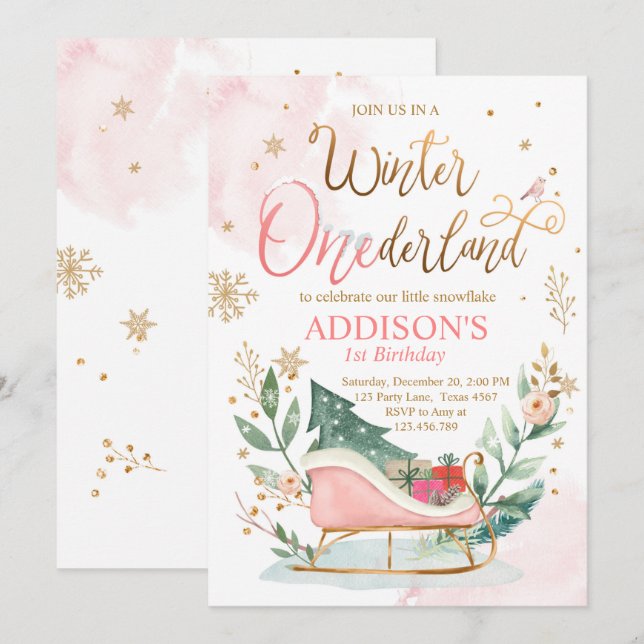Winter Onederland Sleigh Pink Gold 1. Geburtstag Einladung (Vorne/Hinten)
