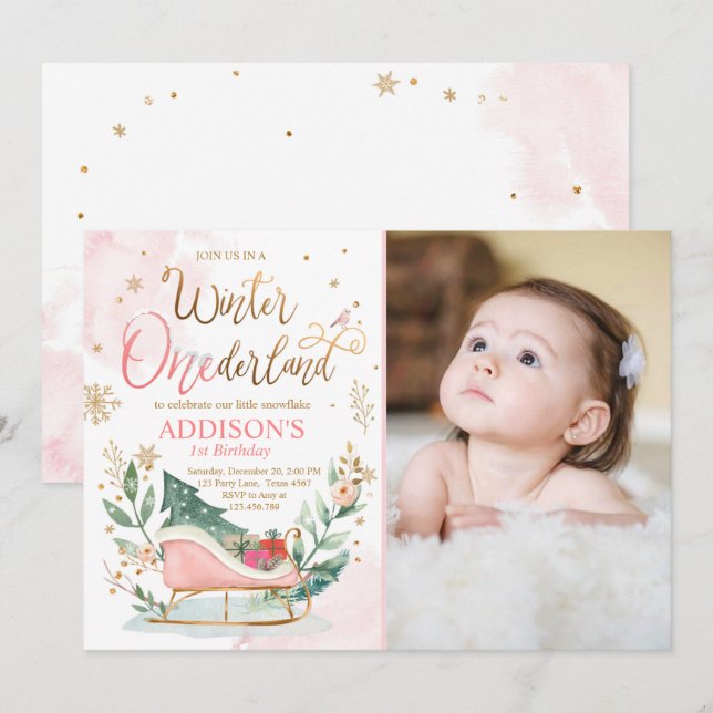 Winter Onederland Sleigh Pink Gold 1. Geburtstag Einladung (Vorne/Hinten)