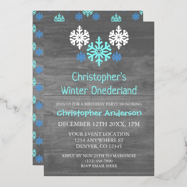Winter Onederland Snowflake 1. Geburtstag Folieneinladung (Vorderseite/Rückseite)
