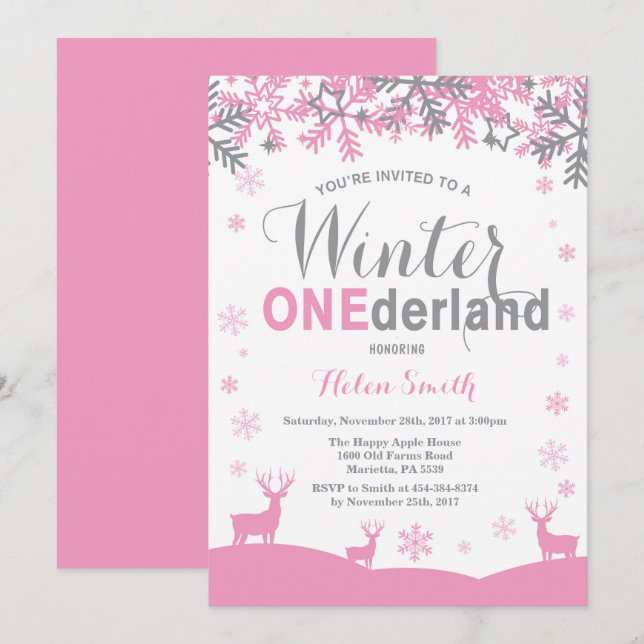 Winter Onederland Snowflake Girl 1. Geburtstag Einladung (Vorne/Hinten)