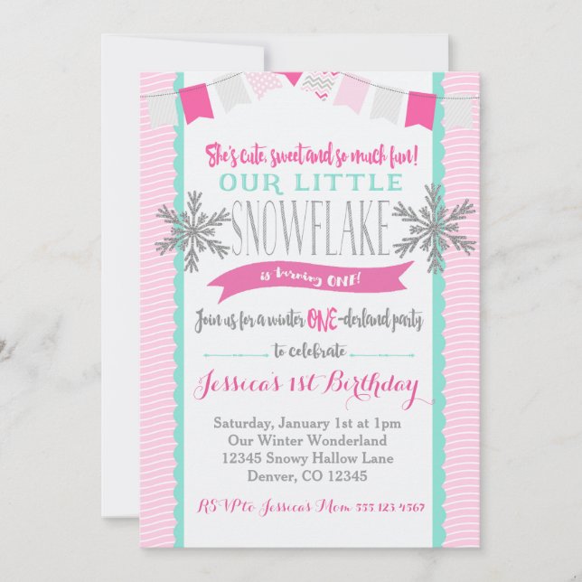 Winter ONEderland Snowflake Invitation Girl Einladung (Vorderseite)