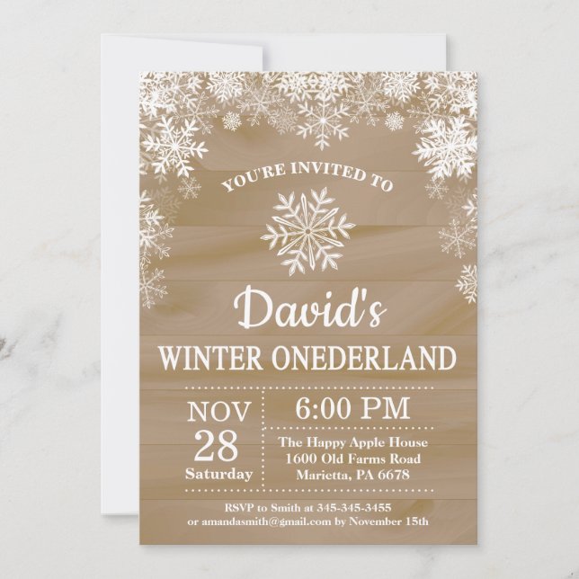 Winter Onederland Snowflake Rustikaler 1. Geburtst Einladung (Vorderseite)