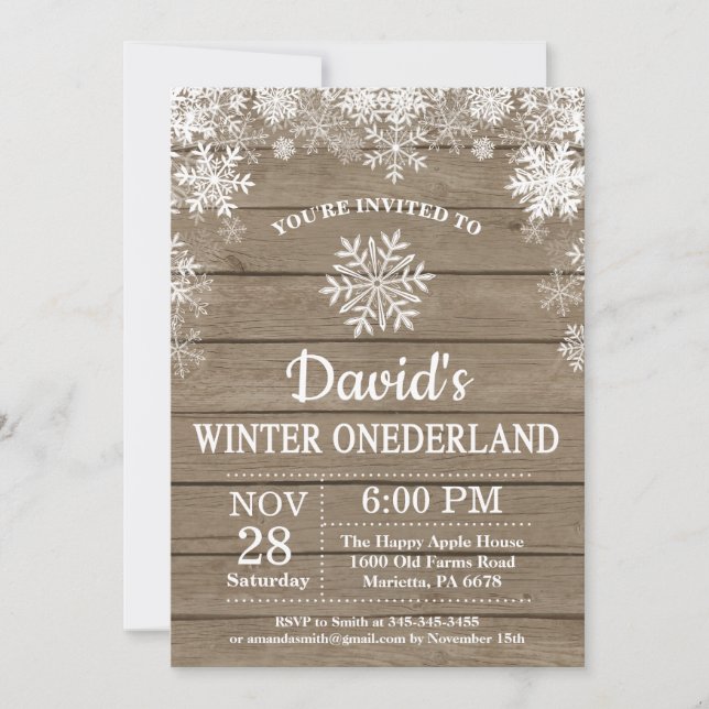 Winter Onederland Snowflake Rustikaler 1. Geburtst Einladung (Vorderseite)