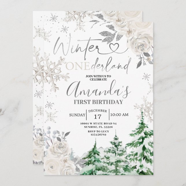 Winter Onederland Snowflake White Floral Geburtsta Einladung (Vorne/Hinten)