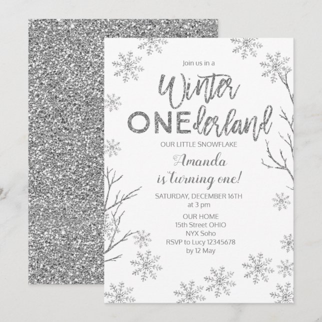 Winter ONEderland Snowflakes Birthday Einladung (Vorne/Hinten)