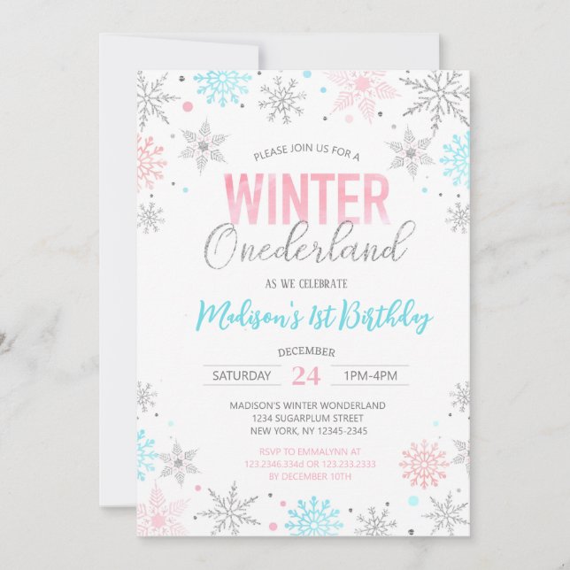 Winter Onederland Snowflakes Erster Geburtstag Einladung (Vorderseite)