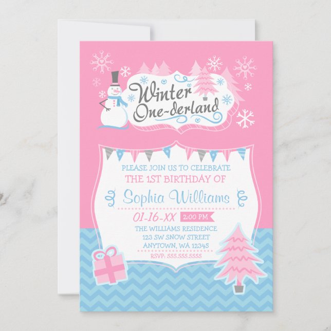 Winter Onederland Snowman Pink Blue 1. Geburtstag Einladung (Vorderseite)