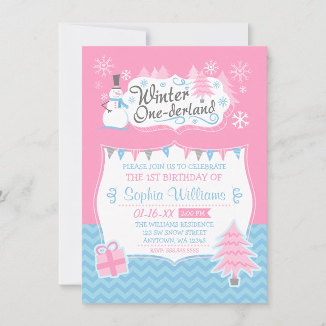 Winter Onederland Snowman Pink Blue 1. Geburtstag Einladung (Vorderseite)