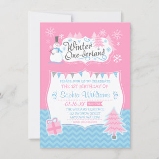 Winter Onederland Snowman Pink Blue 1. Geburtstag Einladung