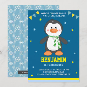 Winter Onederland Süßer Pinguin 1. Geburtstagseinl Einladung