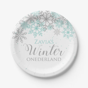 Winter Onederland Türkis Silber Erstes Geburtstags Pappteller
