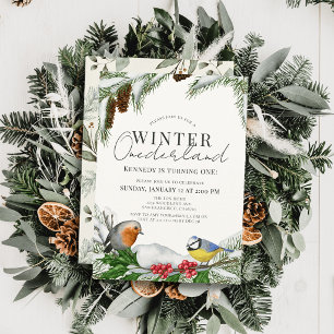 Winter Onederland Vögel & Schnee 1. Geburtstag Einladung