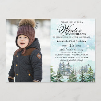 Winter Onederland-Wald-Baby Erstgeburtstag Foto Einladung