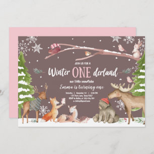Winter ONEderland Wald Rosa Geburtstag Einladung