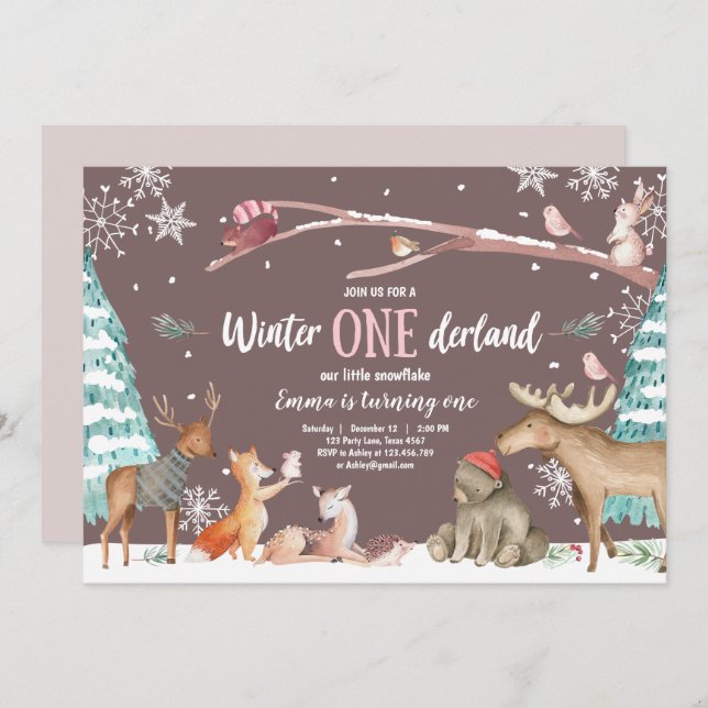 Winter ONEderland Wald Rosa Geburtstag Einladung (Vorne/Hinten)