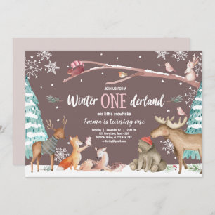 Winter ONEderland Wald Rosa Geburtstag Einladung