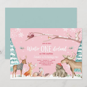 Winter ONEderland Wald Rosa Geburtstag Einladung
