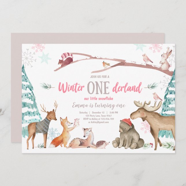 Winter ONEderland Wald Rosa Geburtstag Einladung (Vorne/Hinten)