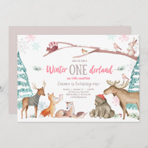 Winter ONEderland Wald Rosa Geburtstag Einladung