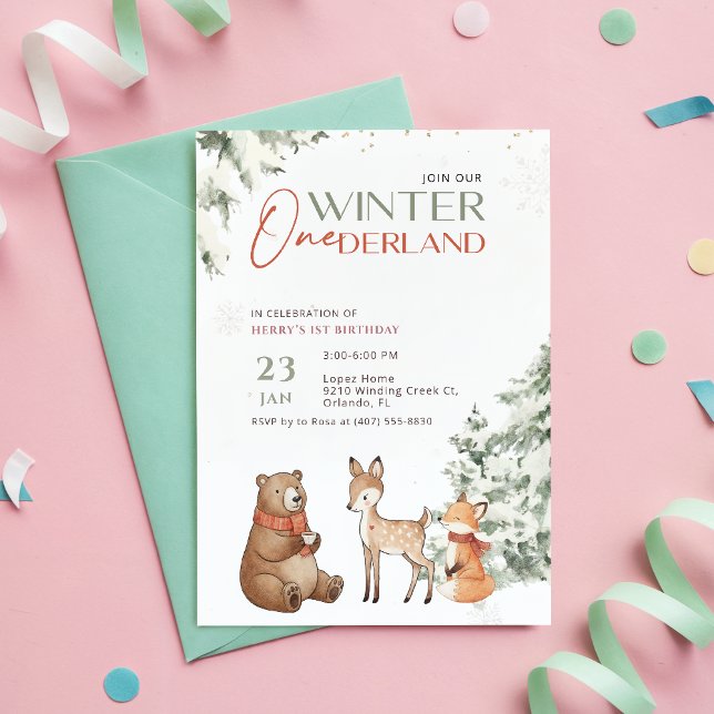 Winter Onederland Watercolor Animal First Birthday Einladung (Von Creator hochgeladen)