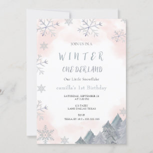 Winter Onederland Watercolor Pink 1. Geburtstag Einladung