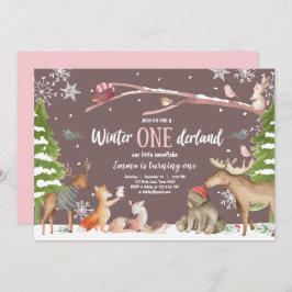 Winter ONEderland Woodland Pink Geburtstag Einladung