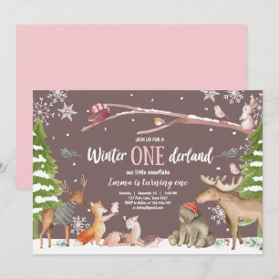Winter ONEderland Woodland Pink Geburtstag Einladung