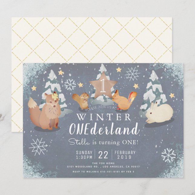 Winter Onederland Woodland Tiere 1. Geburtstag Einladung (Vorne/Hinten)