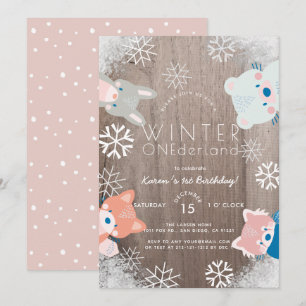 Winter Onederland Woodland Tiere Rosa Geburtstag Einladung