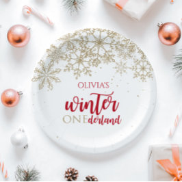 Winter ONEdernald Red and Gold Snowflake Geburtsta Pappteller