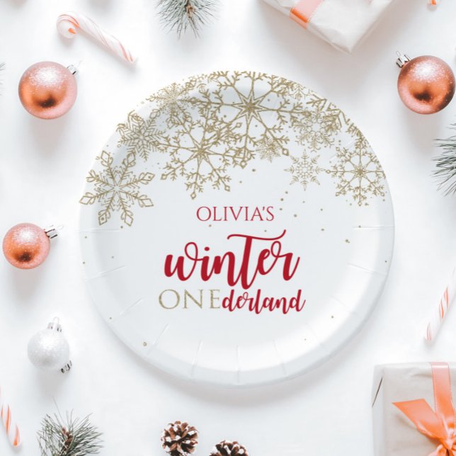 Winter ONEdernald Red and Gold Snowflake Geburtsta Pappteller (Von Creator hochgeladen)