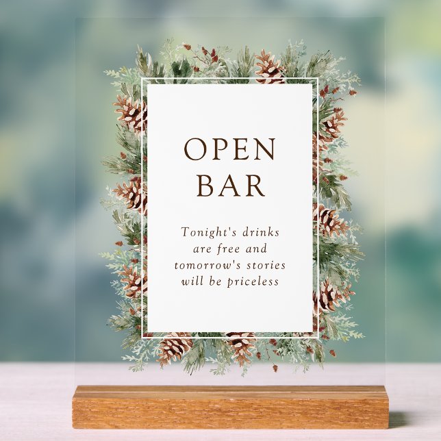 Winter Open Bar Acryl-Schild Acrylschild (Watercolor Pinecone Evergreen Winter Open Bar Acrylic Sign by Painted Paperie
)