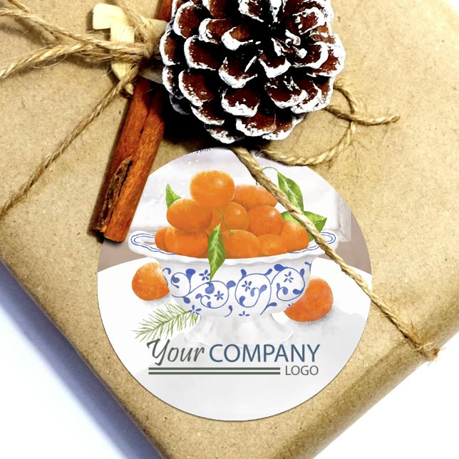 Winter Orangen Blaues Blumenporzellan Weihnachtsge Runder Aufkleber (winter Christmas oranges company logo sticker or envelope seal, orange spice blue chinoiserie floral)