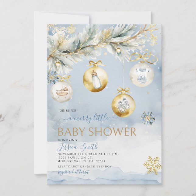 Winter Ornament Merry Little Christmas Baby Shower Einladung (Vorderseite)