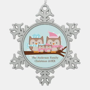 Winter Owl Family Schneeflocken Zinn-Ornament
