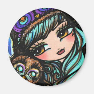 Winter Owl Snow Forest Hat Girl Fantasie Art Magnet