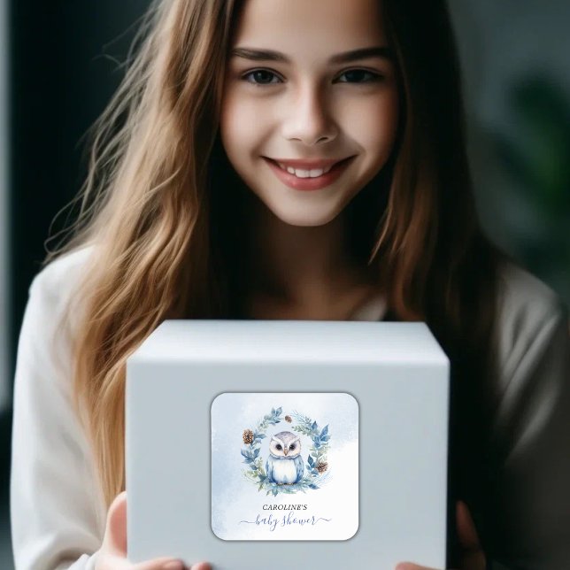 Winter Owl Watercolor Kinderdusche Quadratischer Aufkleber (Winter Owl Watercolor Baby Shower Square Sticker)