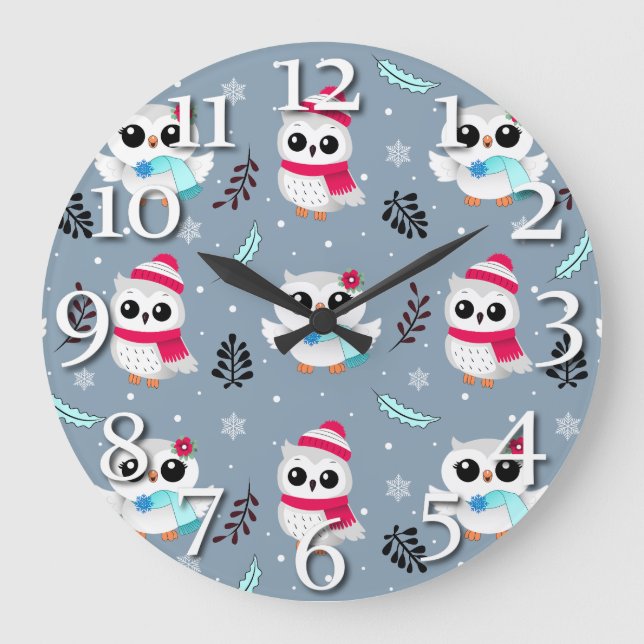 Winter Owls Große Wanduhr (Vorderseite)
