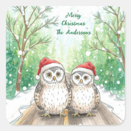Winter Owls on Snowy Sticker- Christmas Quadratischer Aufkleber