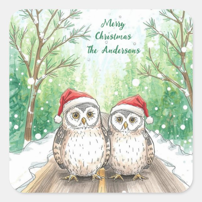 Winter Owls on Snowy Sticker- Christmas  Quadratischer Aufkleber (Vorderseite)